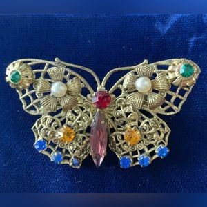 Antique Filigree Vermeil Rhinestone Pearl Butterfly Brooch